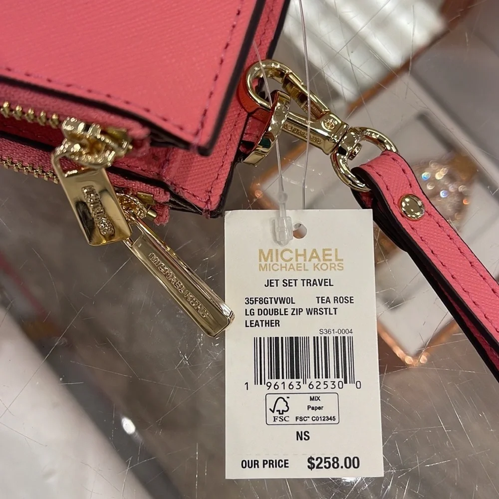 MICHAEL KORS LARGE DOUBLE ZIP WRISTLET WALLET PHONE CASE CLUTCH Tea Rose NWT